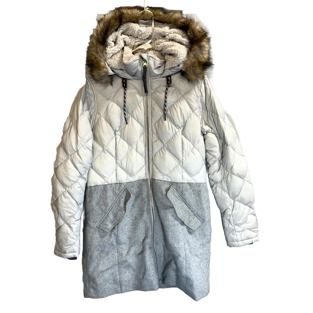 Eddie Bauer Hybrid Parka Jacket Womens Medium Gray Down Sherpa Lined Hooded